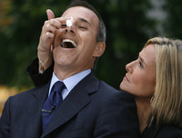 September 2006, New York, N.Y. - Matt Lauer laughs as his new co-host Meredith Vieira surprises him by smearing frosting from a cake on his nose during her first day on NBC's "Today" in Rockefeller Center.