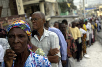 Haitians line up to vote at a polling station in Bel Air.