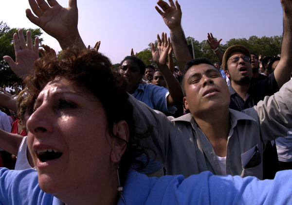 June 2005, NYC -Lively gospel music  works evangelicals into a fervor before the Reverend Billy Graham's sermon on the final day of his Greater New York Crusade in Flushing Meadows. : Singles : Jason DeCrow Photojournalist