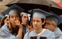 May 2004, New York, N.Y. - Less than perfect weather dampens a few spirits before commencement at Columbia University in Morningside Heights.