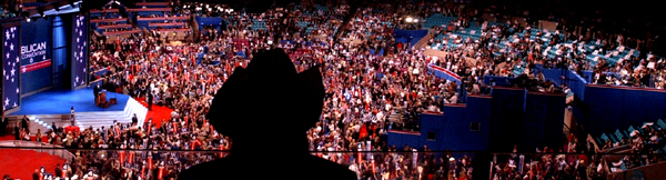September 1, day three - An alternate to the Texas delegation watches from above as the night's program comes to order. : GOP in NYC 2004 : Jason DeCrow Photojournalist
